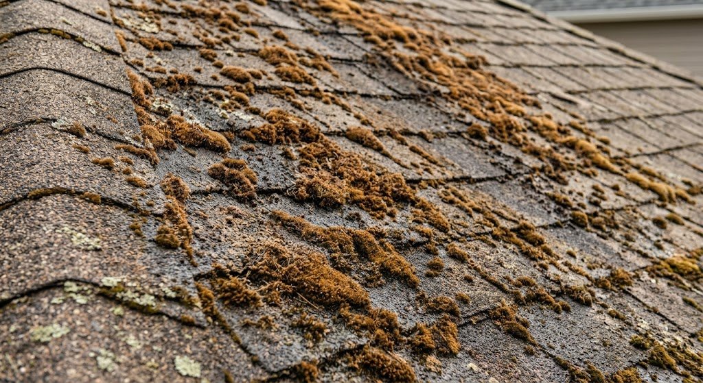 Roof moss drying after moss treatment
