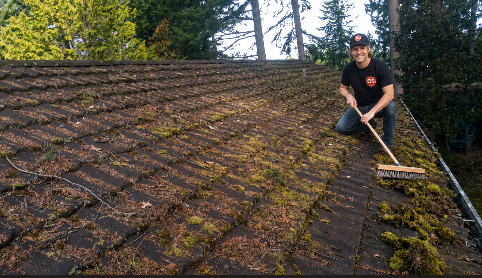 Quick Sidekick technician performing roof moss removal in Vancouver BC