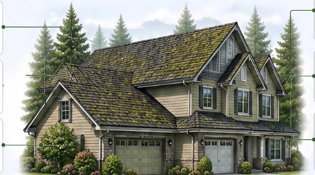 Vancouver home with moss growth on shaded roof areas