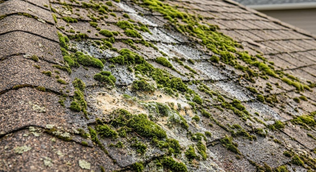 Roof moss treatment beginning to work on moss