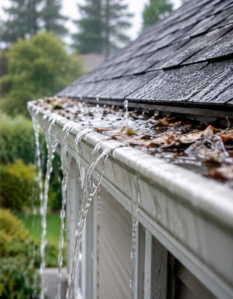 Overflowing rain gutter on a Vancouver home during heavy rainfall