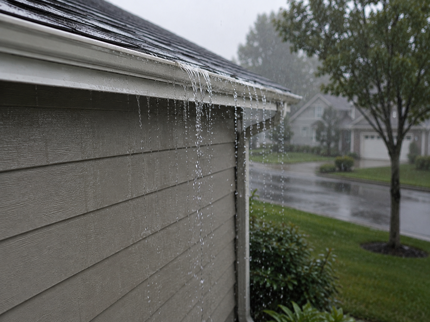 Gutter overflowing during heavy rain in Vancouver