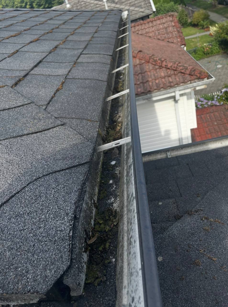 Light debris inside residential gutters in Vancouver