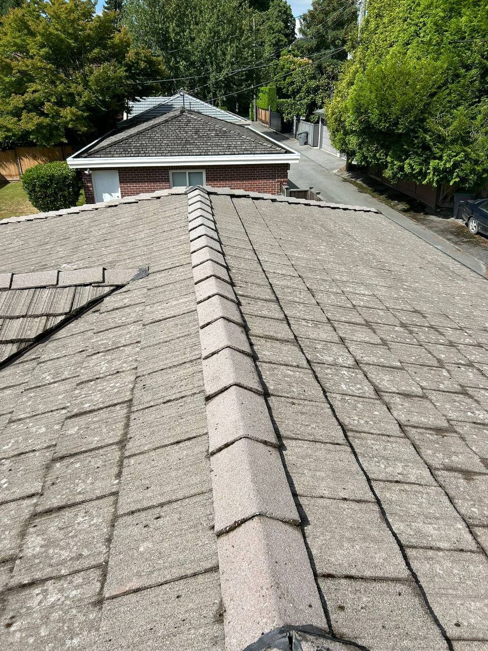 Tile roof after moss and organic buildup cleaning