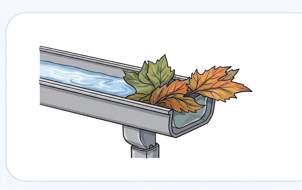 Debris restricting water flow toward a gutter downspout