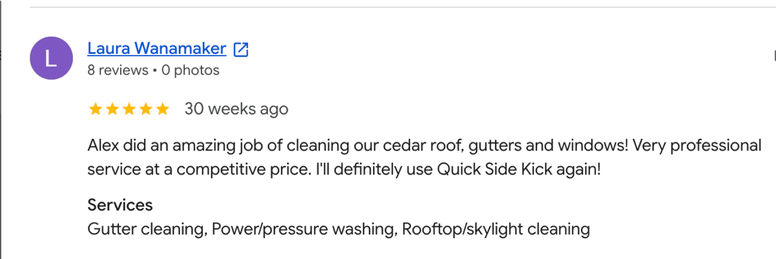 Quick Sidekick roof cleaning Google review 2