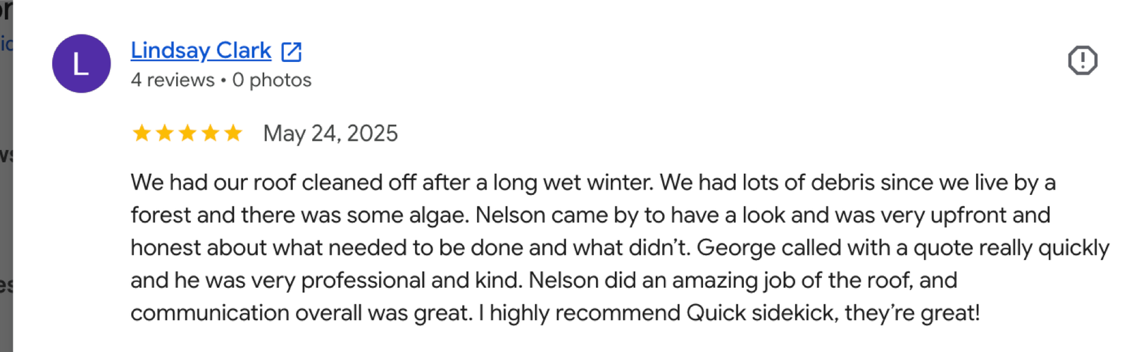Quick Sidekick roof cleaning Google review 4