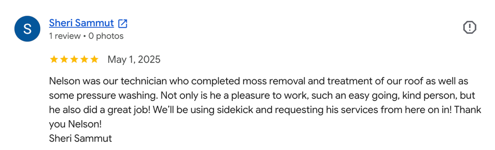 Quick Sidekick roof cleaning Google review 5