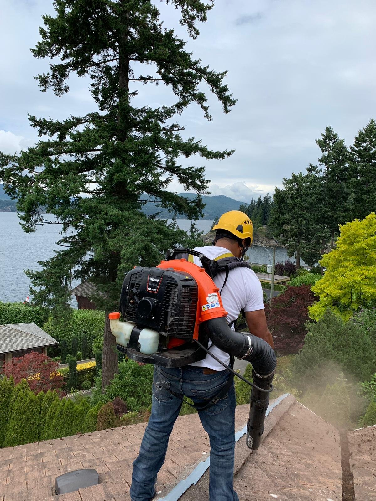 Quick Sidekick technician blowing roof debris from a Vancouver roof