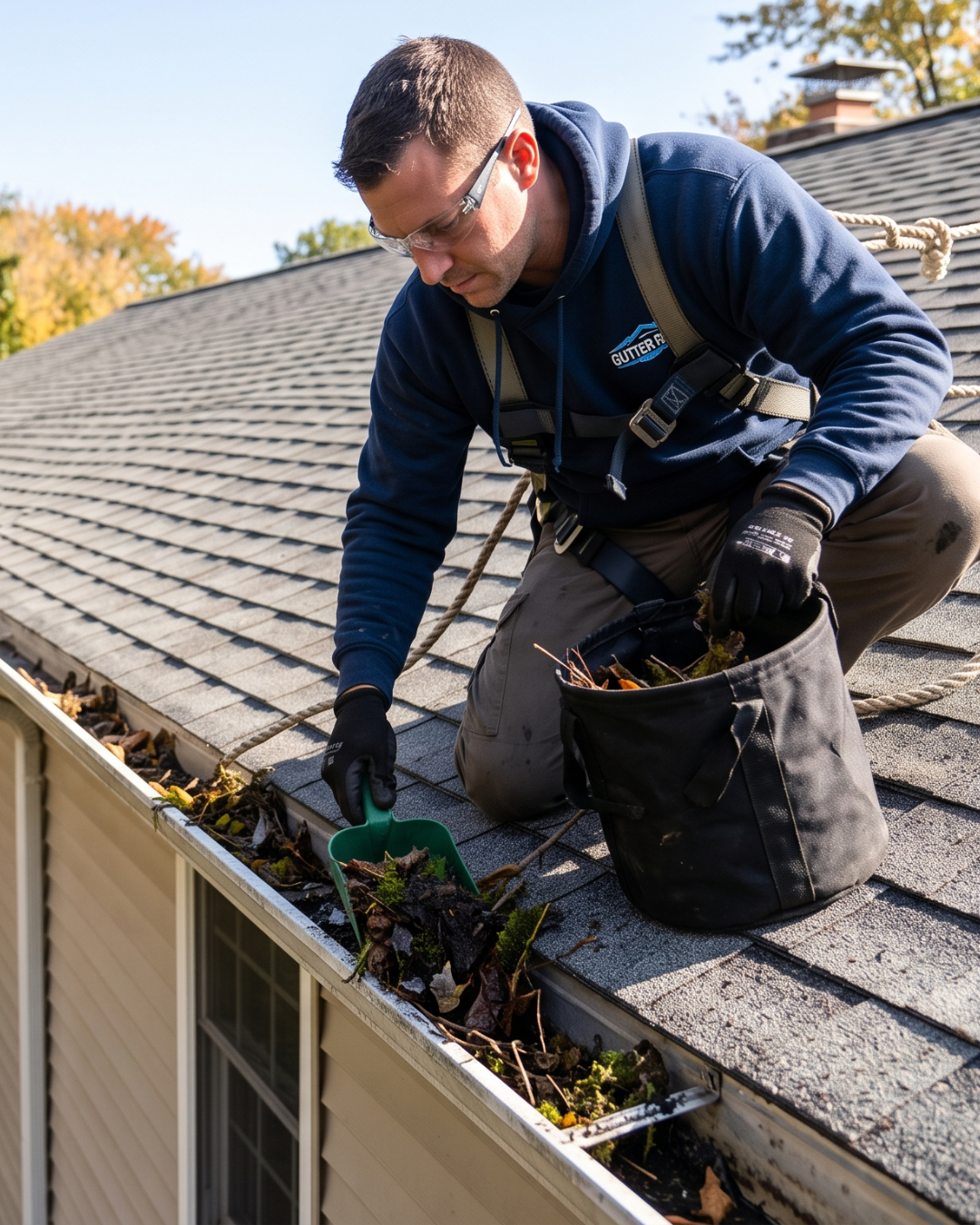 Professional cleaning gutters by hand from a roof in Vancouver