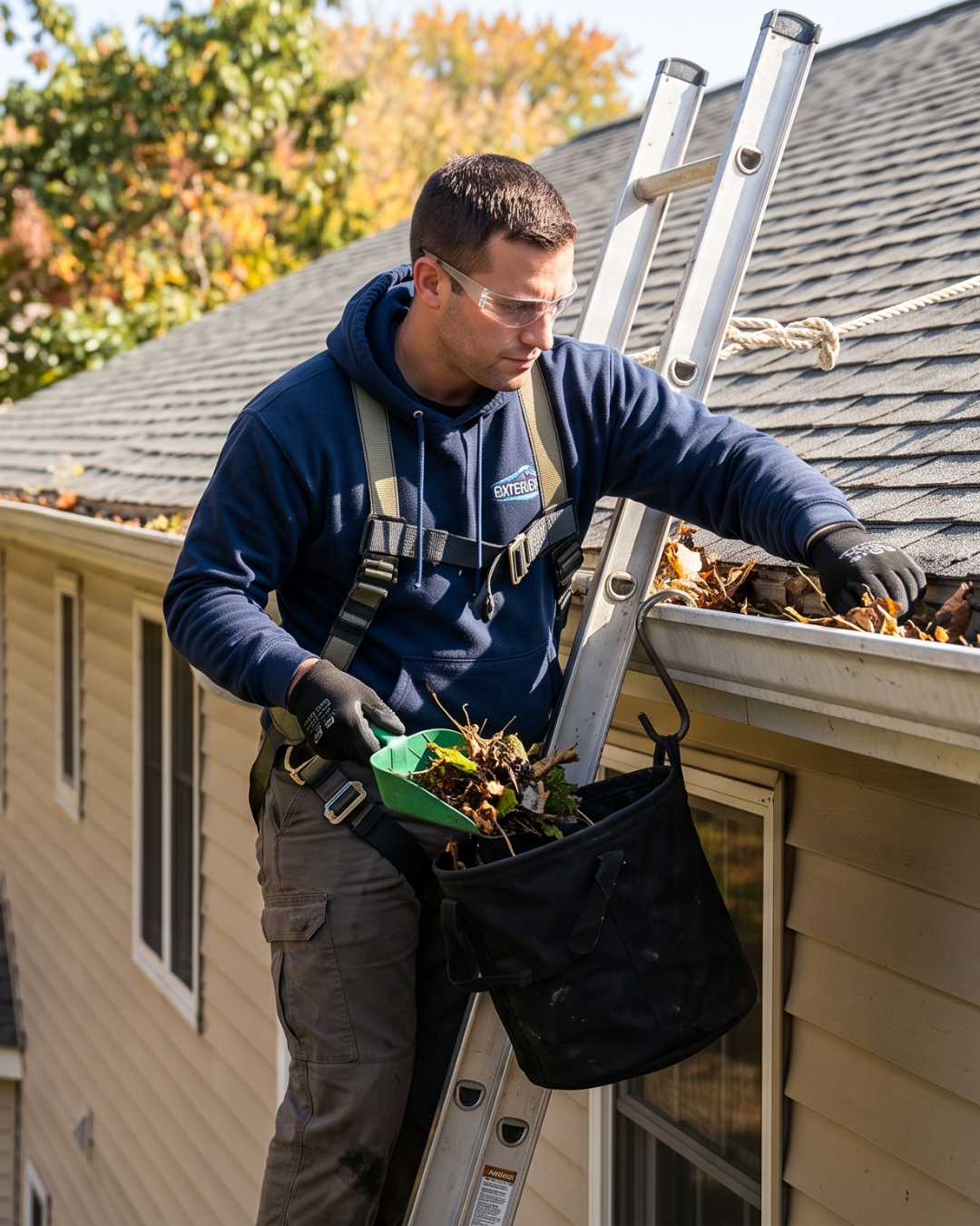 Professional cleaning gutters by hand from a ladder in Vancouver