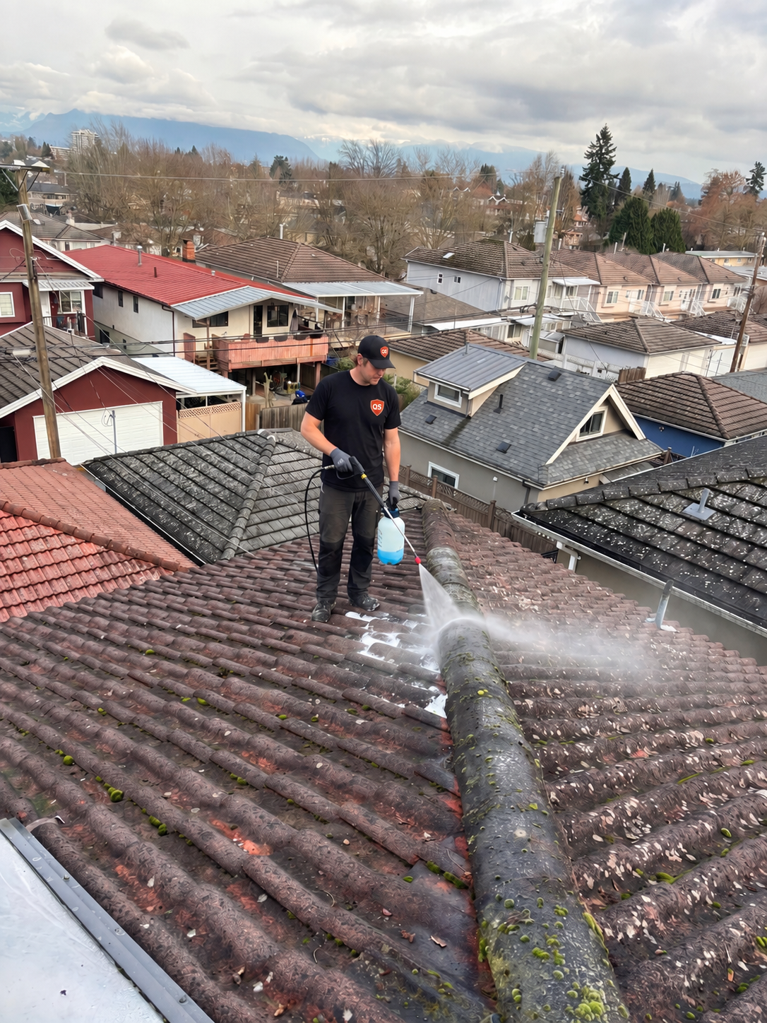 Quick Sidekick technician providing soft wash roof cleaning in Vancouver BC