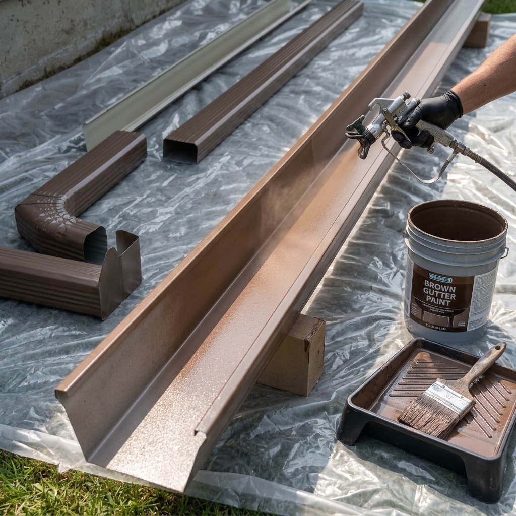 Spray painting an exterior eavestrough after staining or deterioration