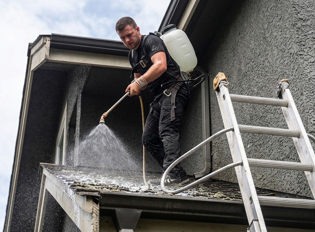 Quick Sidekick technician applying roof moss treatment in Vancouver