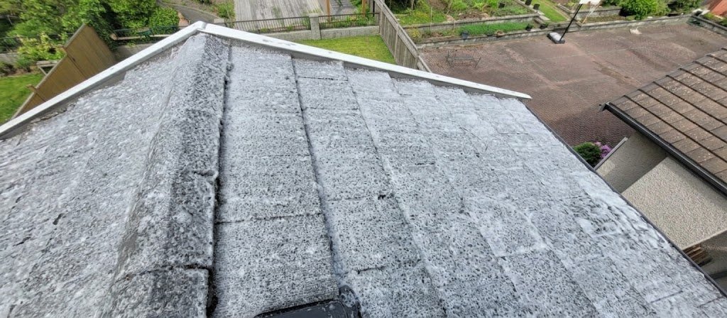 Step two of roof soft washing allowing roof cleaning solution time to work