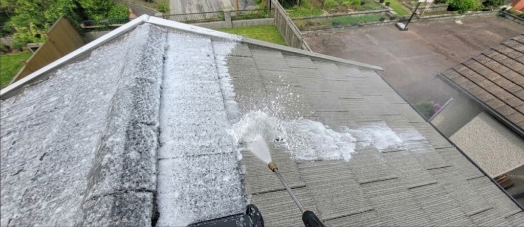 Step three of soft wash roof cleaning rinsing the roof with low pressure water