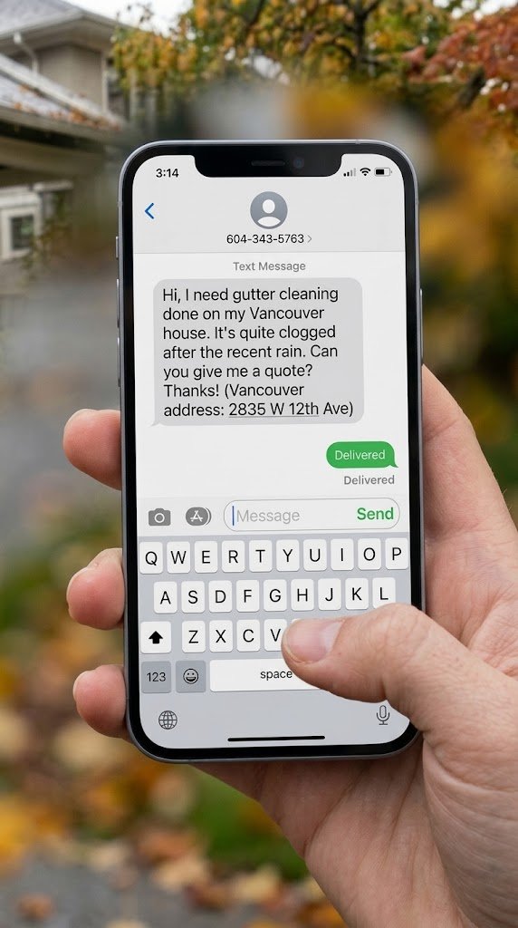 Homeowner taking a photo of a gutter to request a hidden gutter repair quote