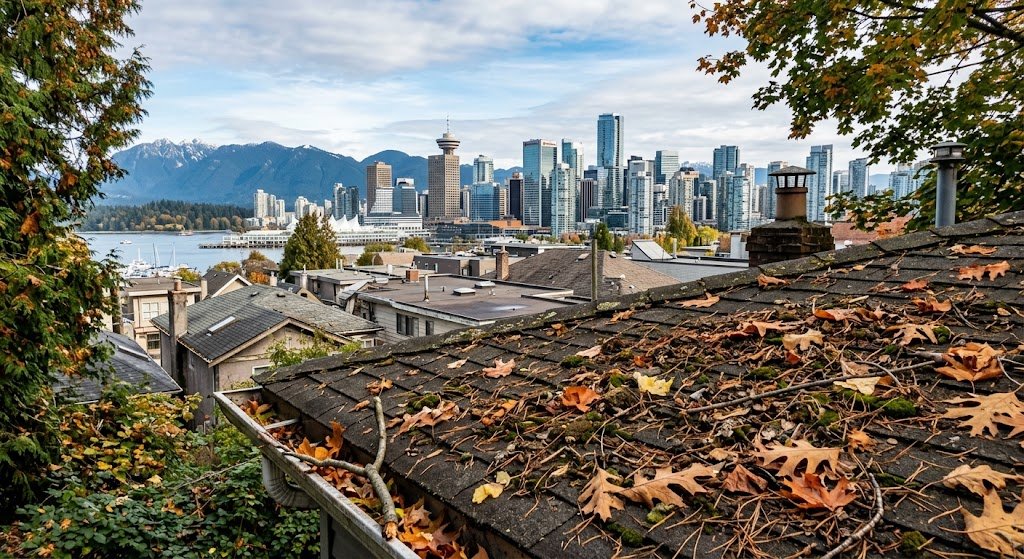 Vancouver skyline and homes surrounded by mature trees