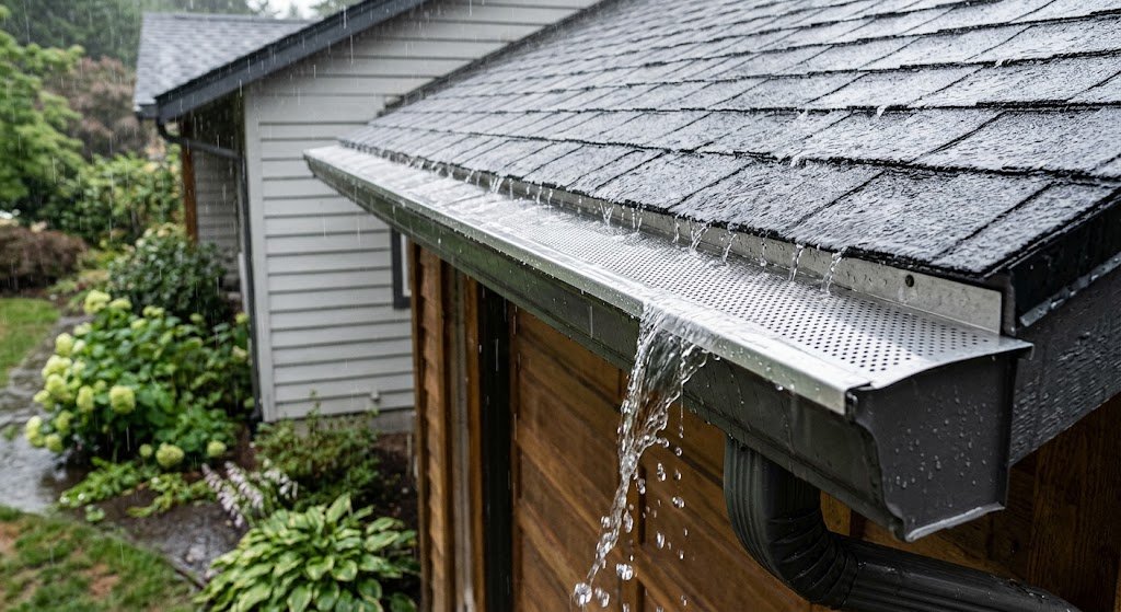 Water overflowing from a gutter during heavy rain in Vancouver