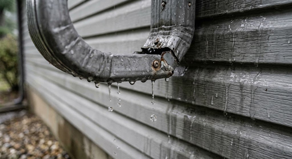 Water running down the exterior wall from overflowing gutters