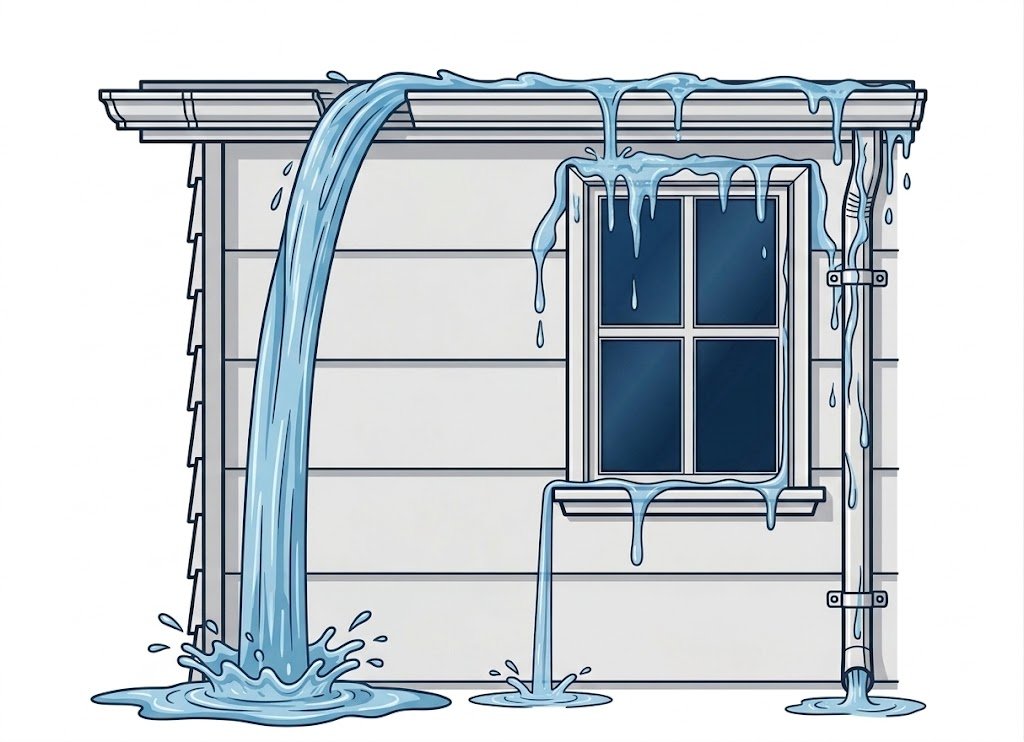 Water running down siding from an overflowing gutter