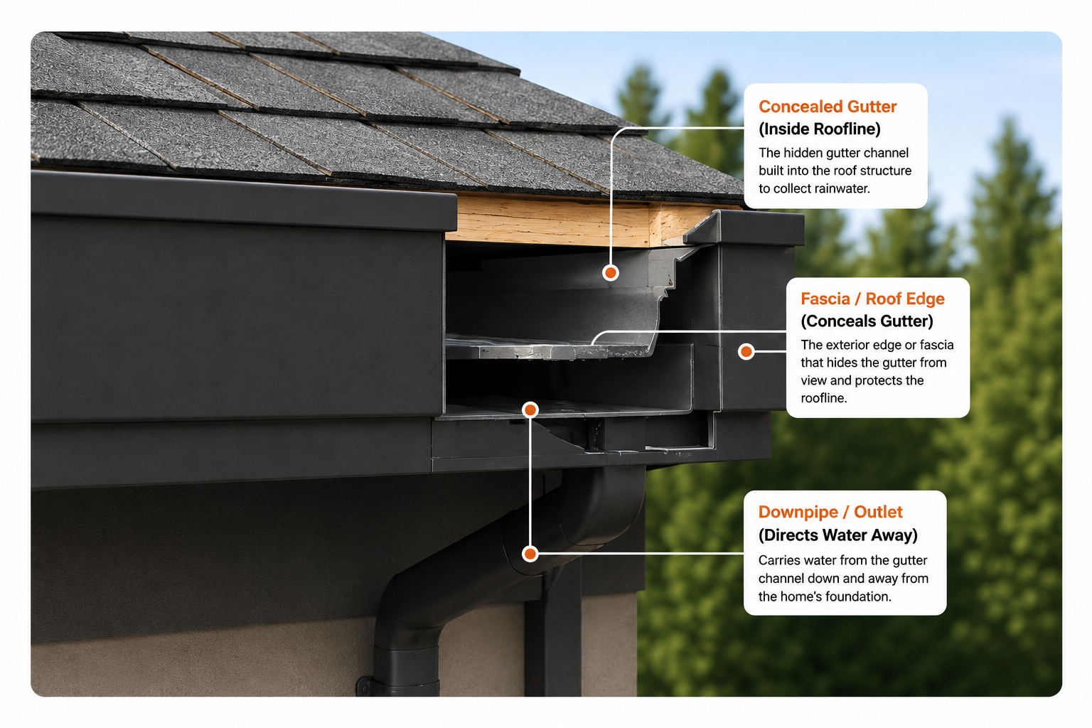 Diagram showing a hidden built-in gutter, fascia roof edge and downpipe outlet