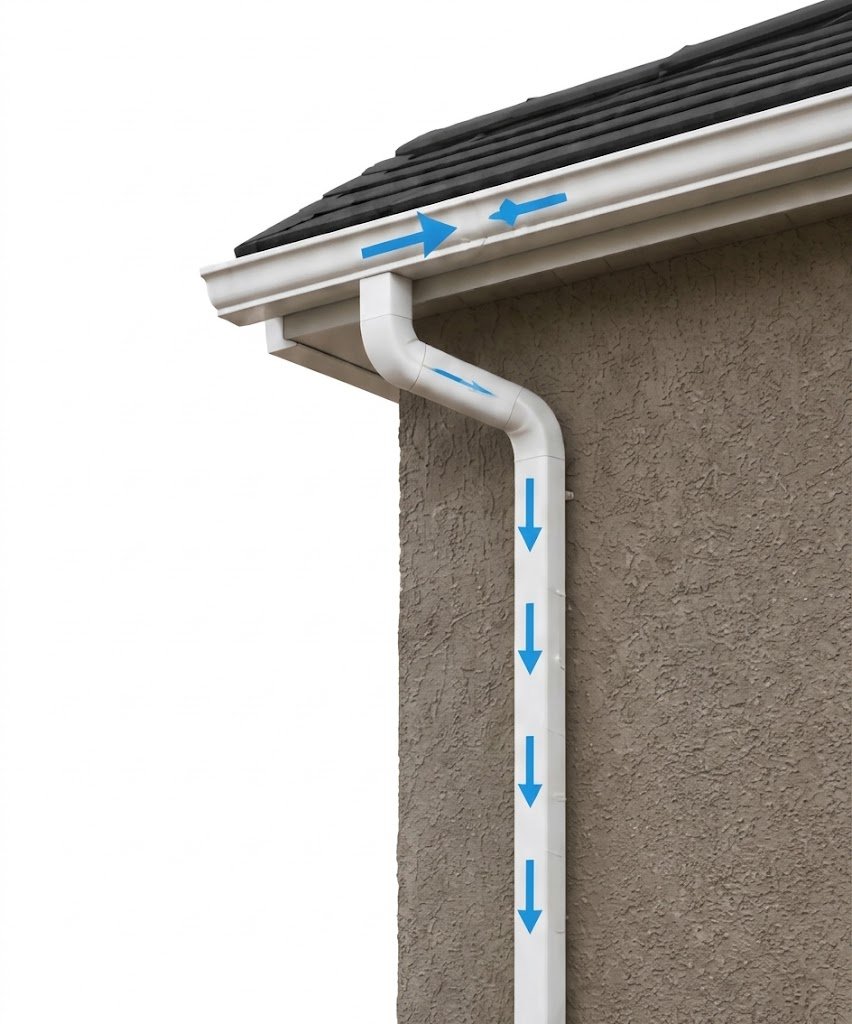 Example of a rain gutter and downpipe showing how rainwater flows