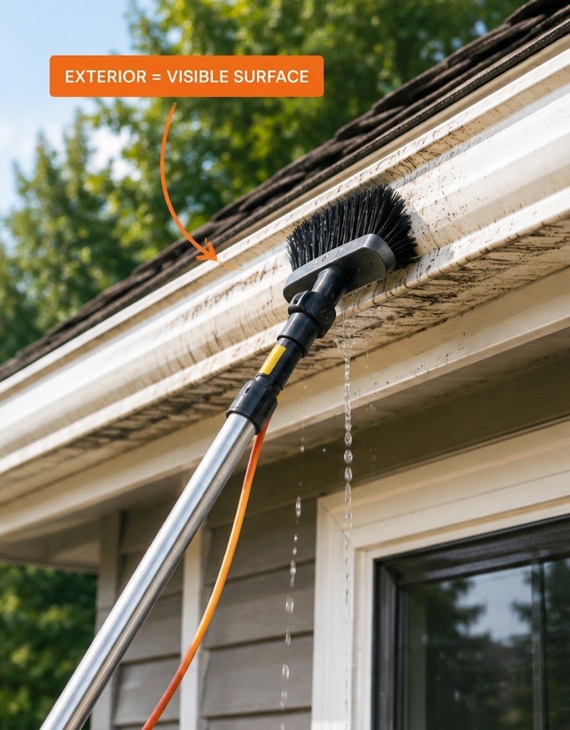 Exterior gutter cleaning showing the visible outside face of a gutter