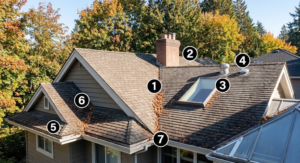 Vancouver roof showing numbered areas where leaves pine needles and roof debris commonly collect