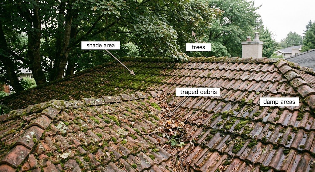 Moss and organic buildup on a tile roof in Vancouver