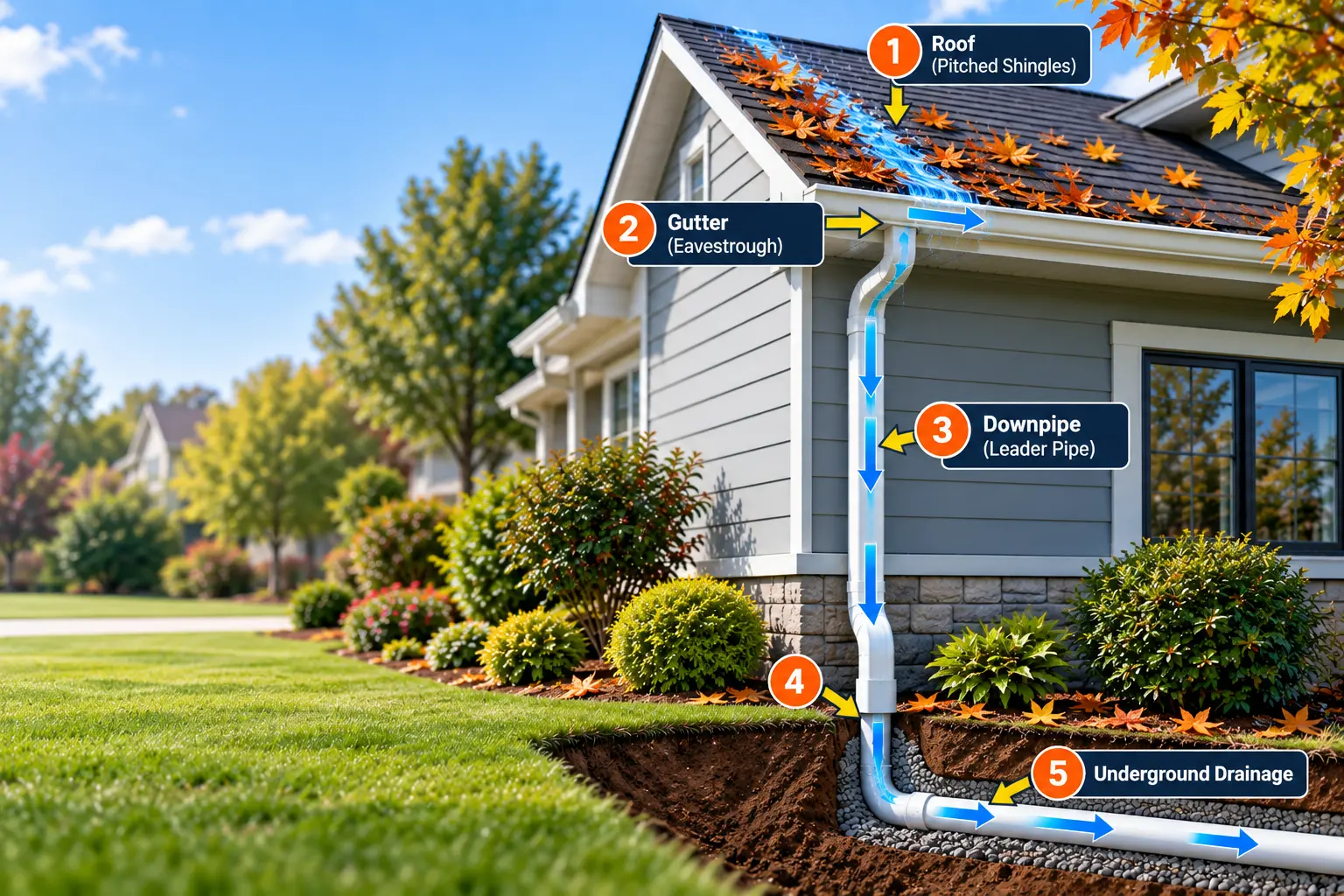 Diagram showing rainwater and leaves moving from a roof through the gutter and downpipe to ground and underground drainage