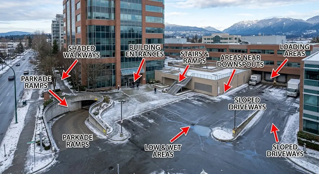 Common areas where ice can form around a Vancouver commercial property
