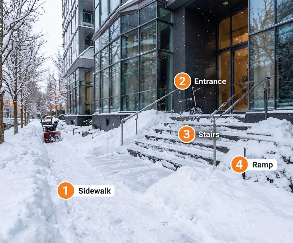 Sidewalk, entrance, stairs and ramp areas for snow removal in Vancouver