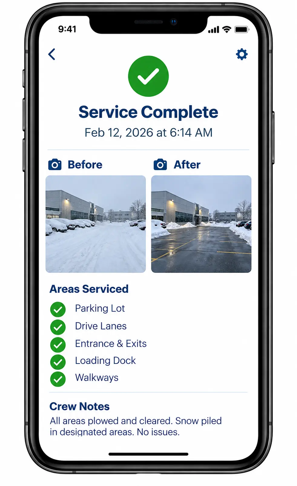 Quick Sidekick snow and ice service documentation showing before and after photos