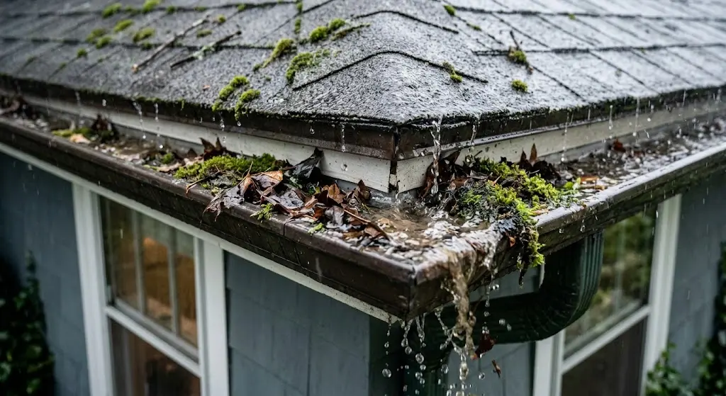 Roof debris entering a gutter