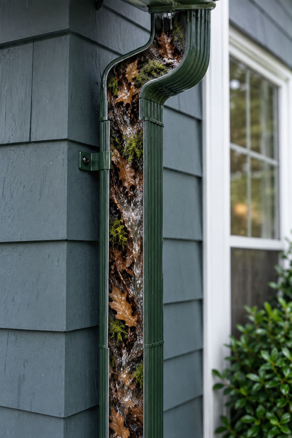Debris moving through a downspout