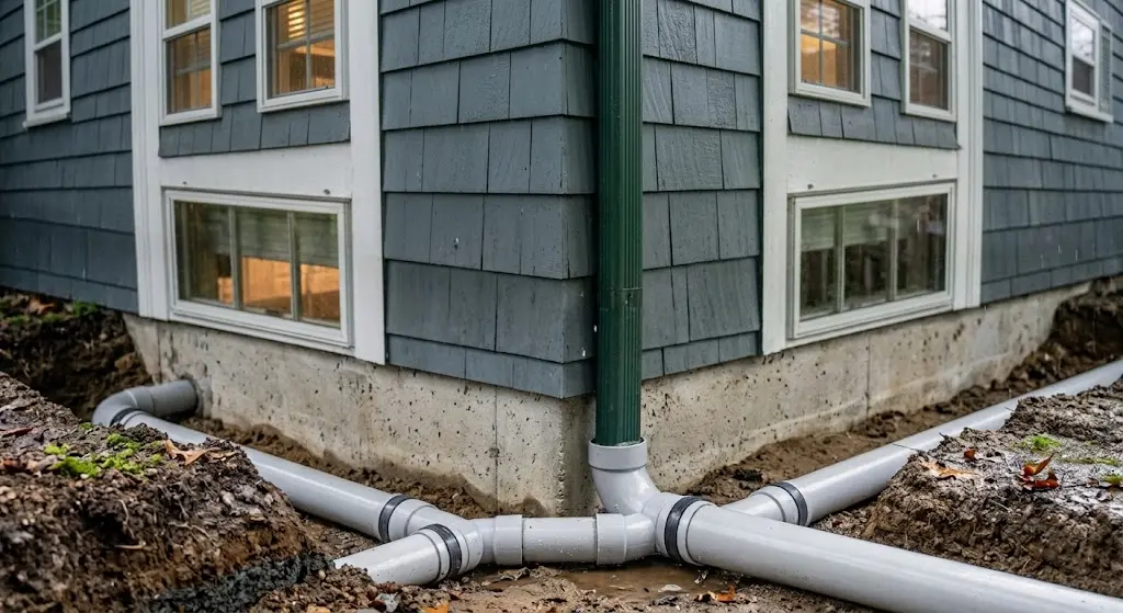 Downspout connected to an underground drain pipe