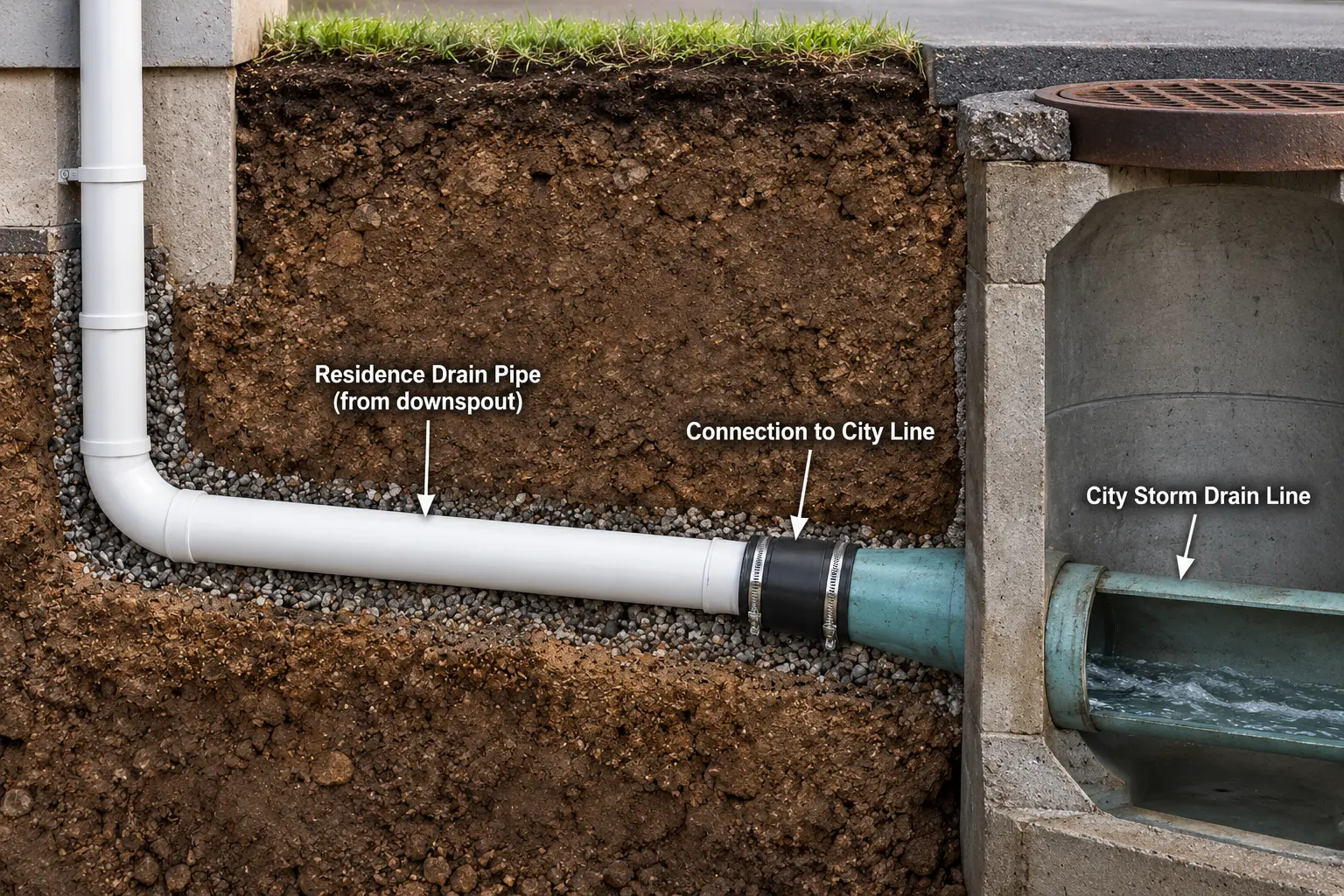 Underground drainage line continuing toward the drainage system