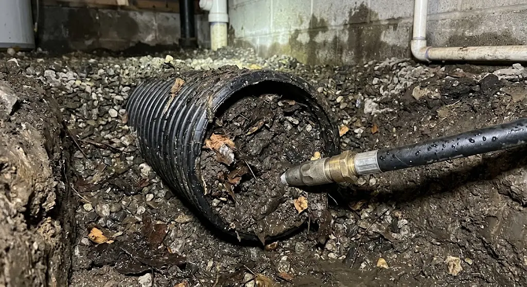 Underground drain pipe filled with debris