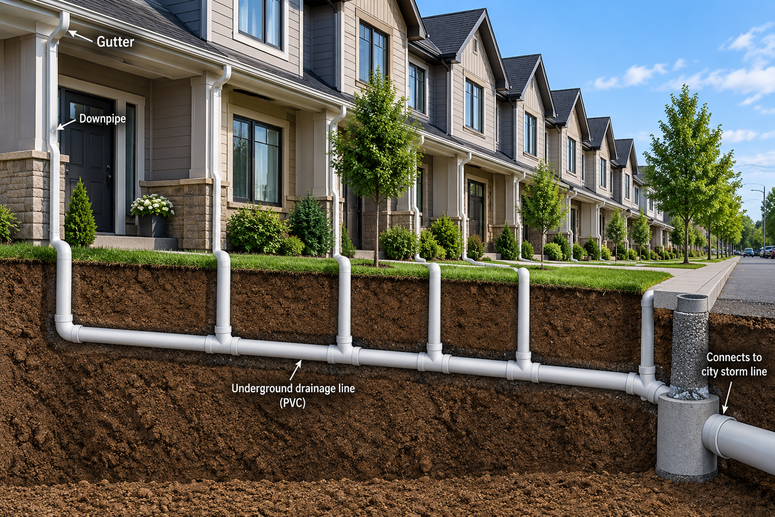 Multiple underground drain lines connected to a property