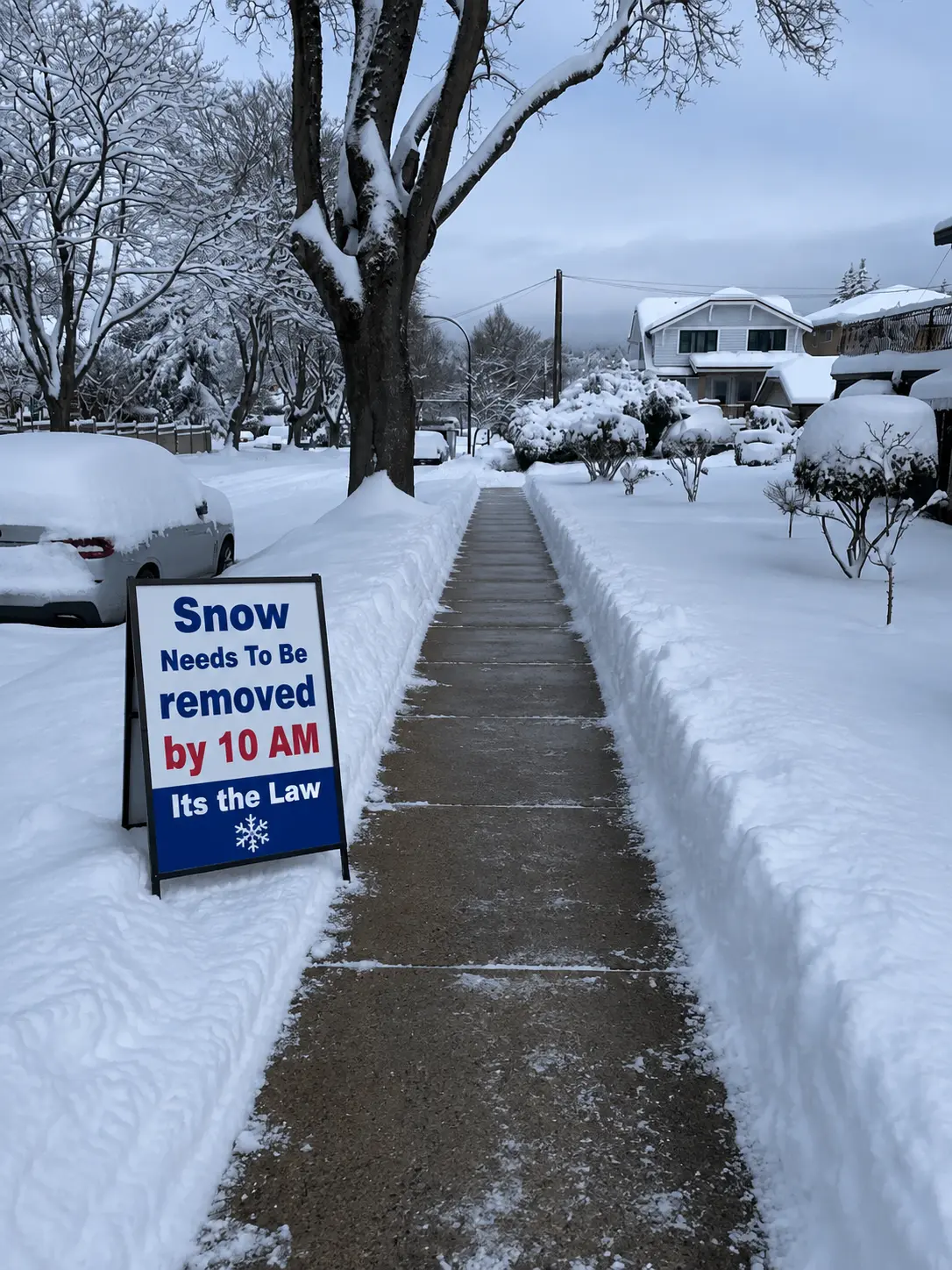 Cleared Vancouver sidewalk with snow removal by 10 a.m. sign