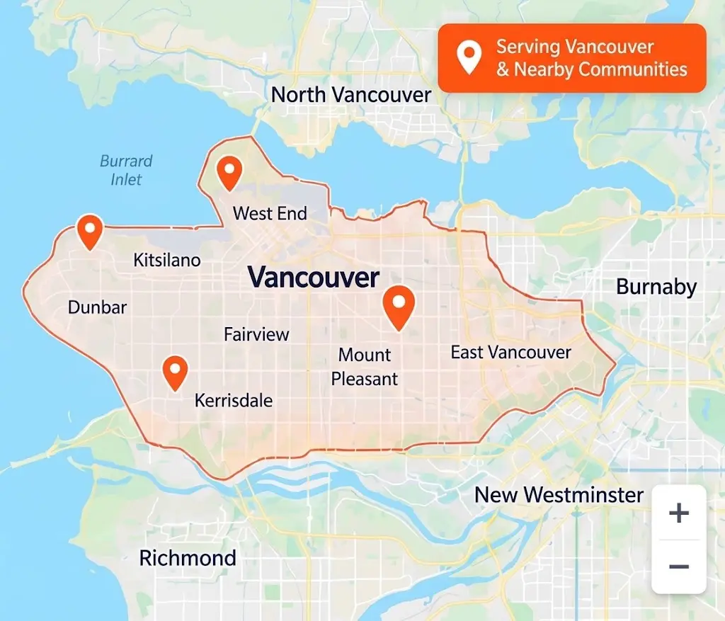 Map showing Vancouver and surrounding Greater Vancouver service areas