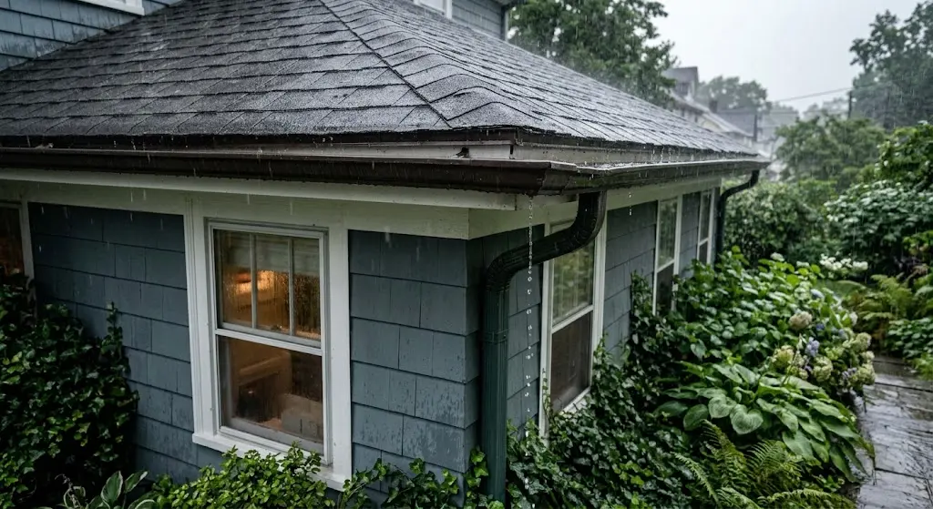Rainwater coming off a roof and entering the gutter system