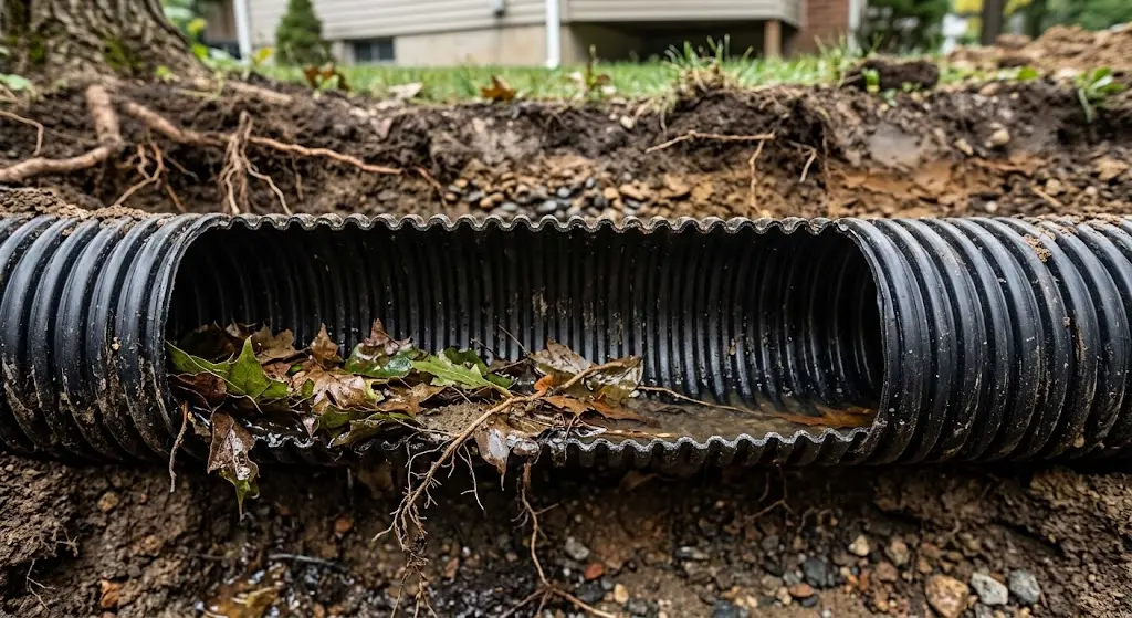 Underground drain filled with debris and in need of cleaning