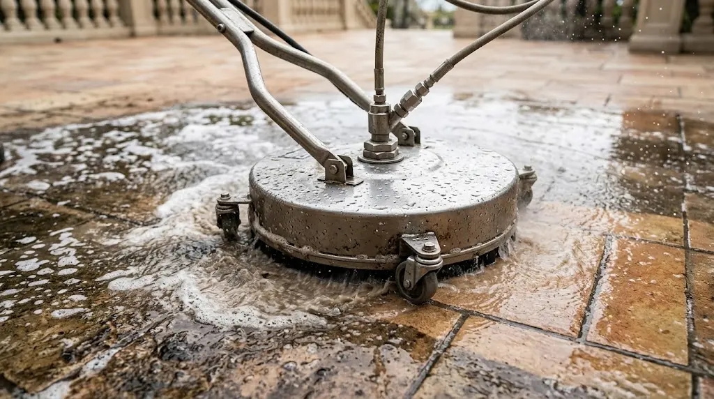 Professional pressure washing of an outdoor deck