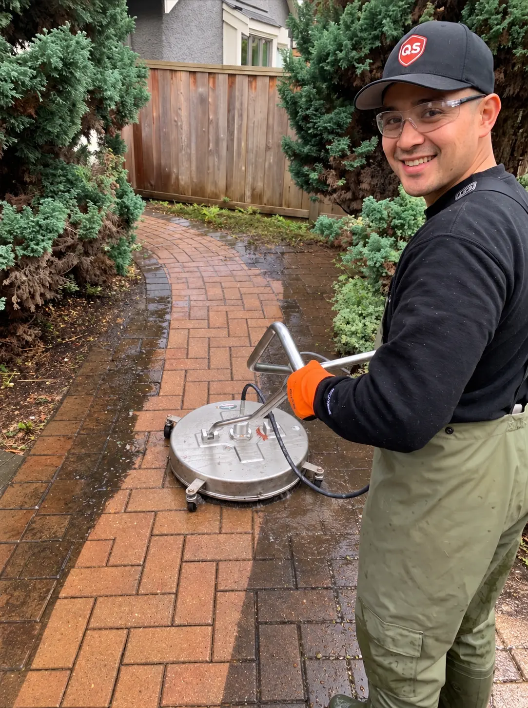 Quick Sidekick technician pressure washing a paving stone walkway in Vancouver BC
