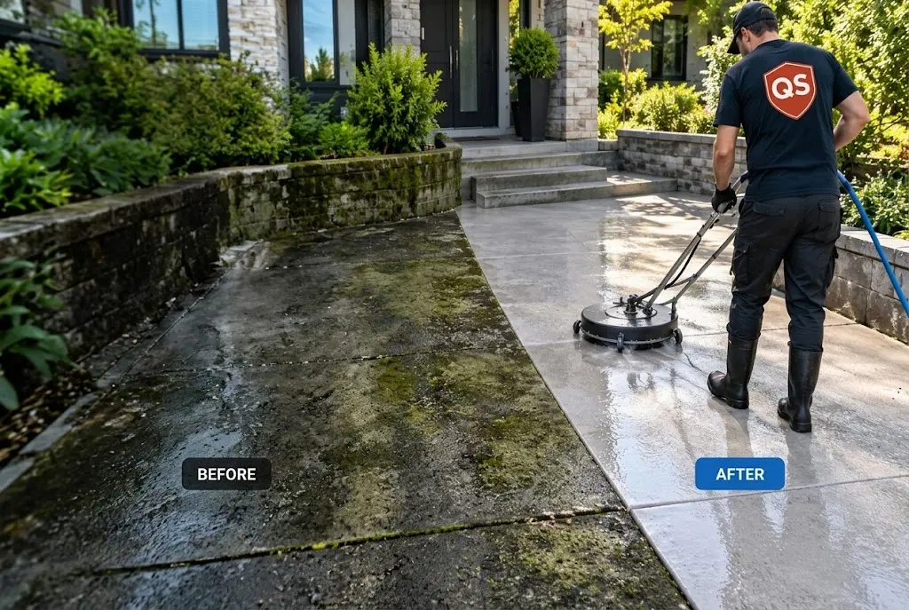 Quick Sidekick technician pressure washing outdoor concrete in Vancouver using a professional flat surface cleaner