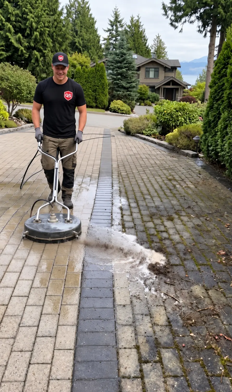 Quick Sidekick technician pressure washing a residential driveway in Vancouver