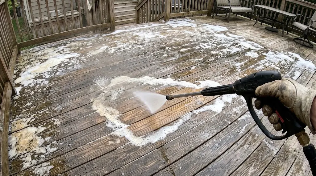 Gentle cleaning of a wooden deck using cleaning solution