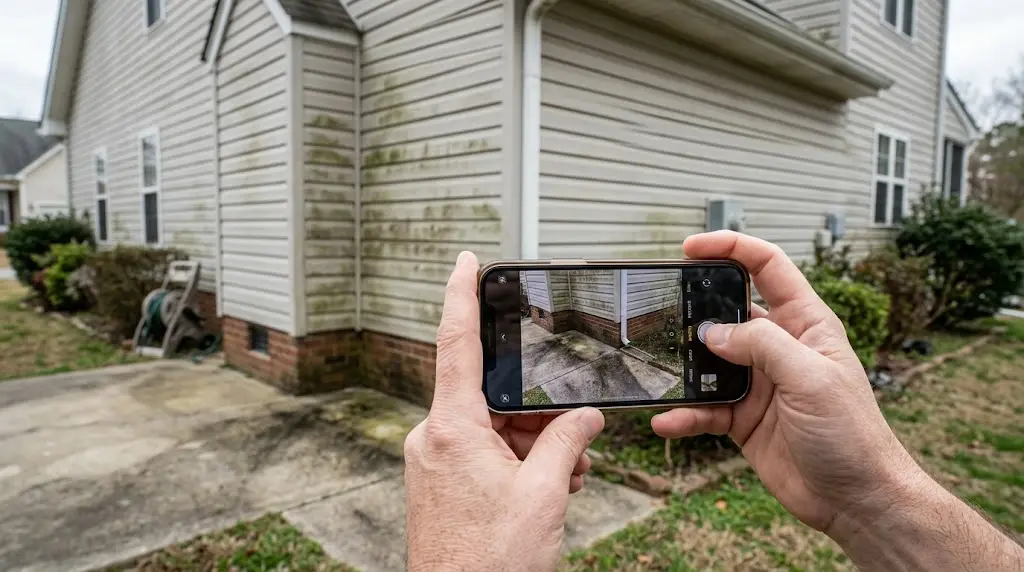Customer taking photos of exterior surfaces for a pressure washing estimate